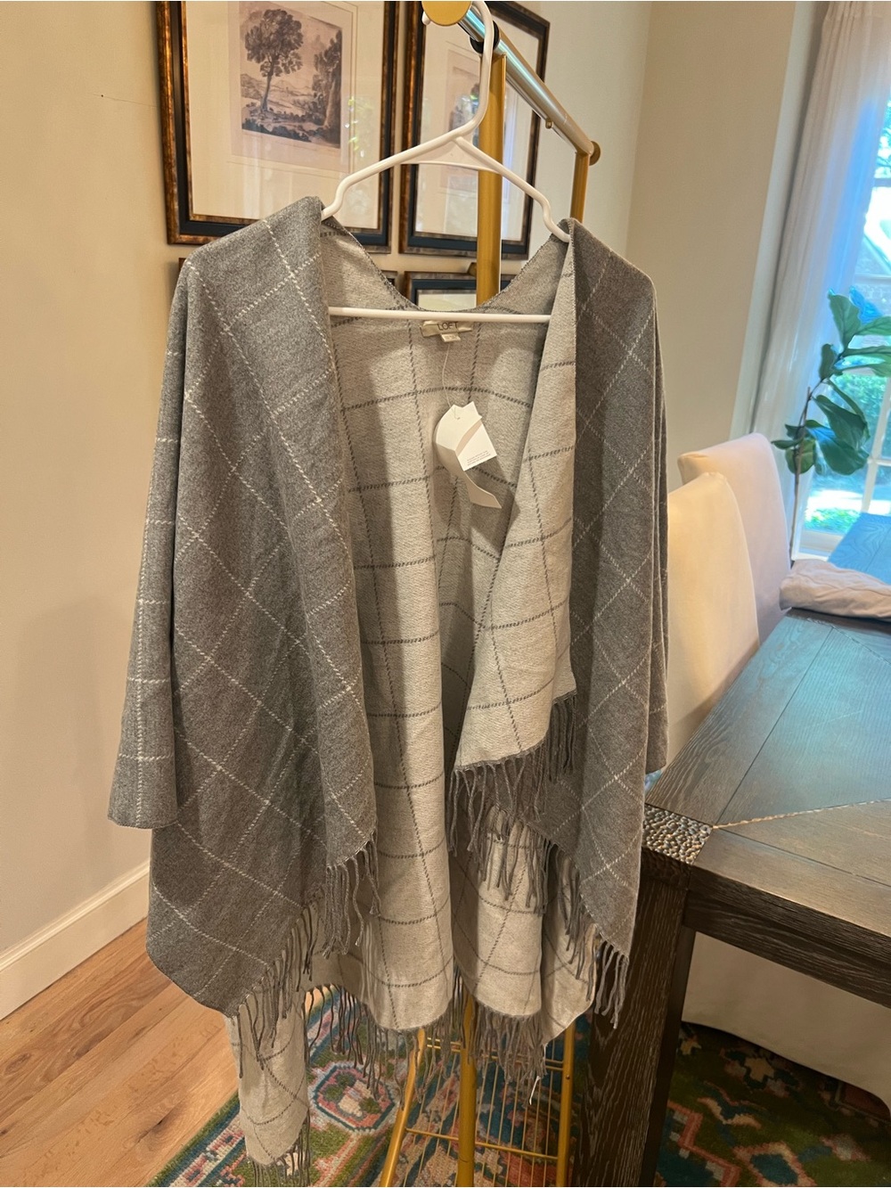 Loft reversible Gray Plaid Fringe Shawl Wrap
